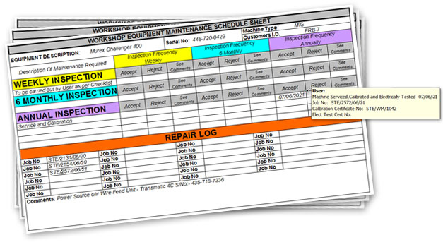 An example of the Steveweld Maintenance Schedule Sheet